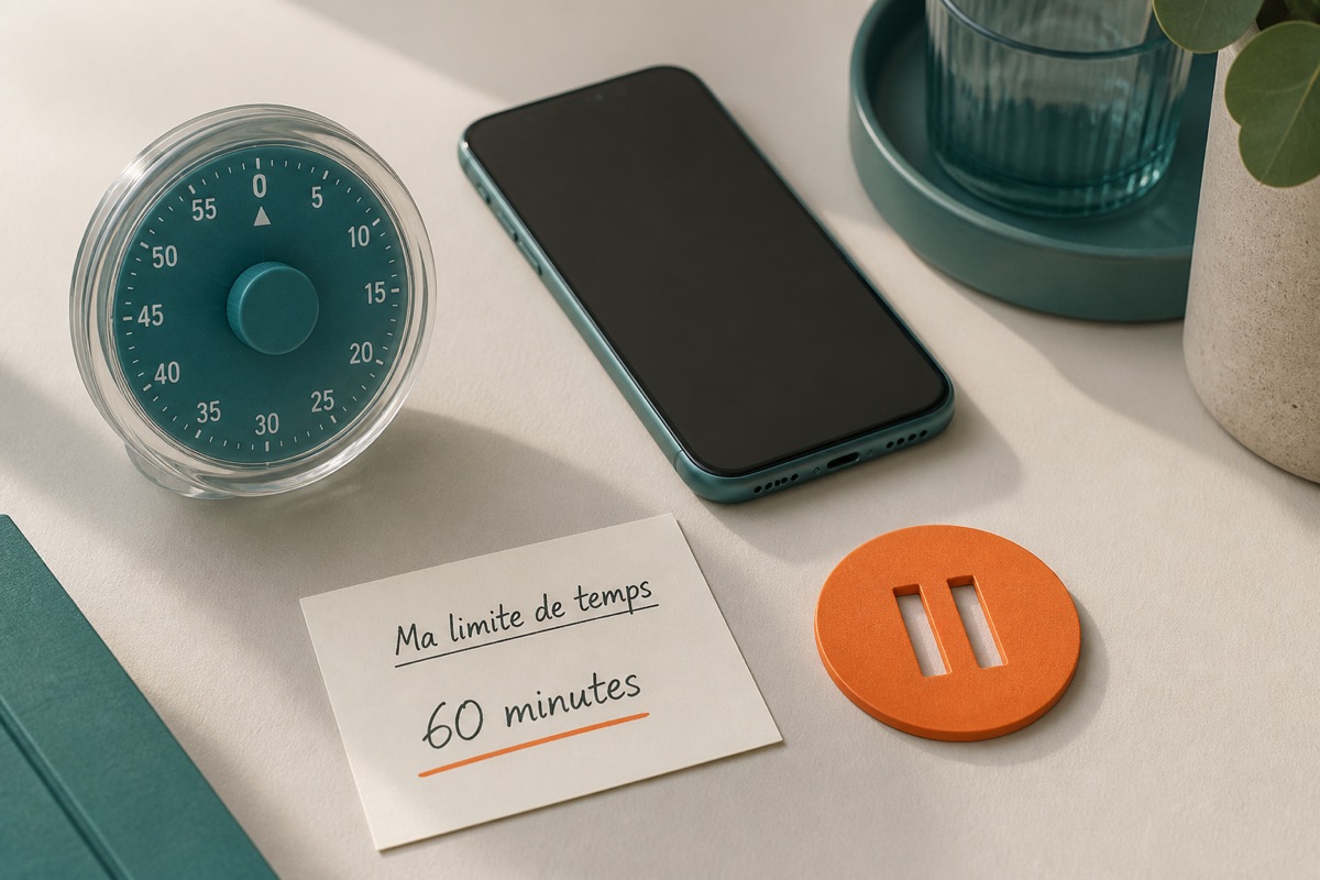 Minuteur et note de limite de temps à côté d’un téléphone fermé